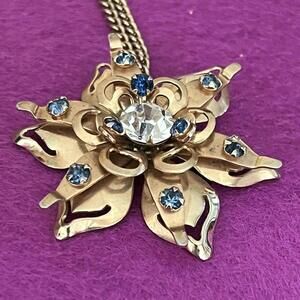 Vintage necklace, gold tone, flower pendant, blue and Clear crystals 16”